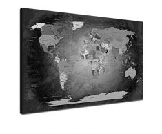 LanaKK mapamundi con corcho para fijar los destinos - Lámina sobre bastidor camilla en negro, enmarcado en una parte, 100 x 70 cm, español