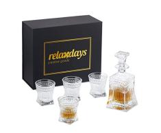 Relaxdays Set de Whisky, 5 Piezas, Decantador 500 ml, 4 Vasos 240 ml, Licorera Cristal, Caja de Regalo, Transparente