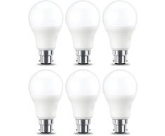 AmazonBasics Bombilla LED B22, 9W (equivalente a 60W), Blanco Cálido, Regulable- 6 unidades