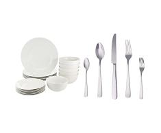 Amazon Basics - Vajilla para 6 personas (18 piezas) & â Juego de cuberterÃa de acero inoxidable de 20 piezas con borde cuadrado, servicio para 4