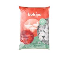 Bolsius D-light - Velas de té (75 unidades, en bolsa, duración de combustión, 4 horas, velas decorativas para el hogar, color blanco, cera vegetal natural, sin aceite de palma)