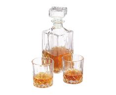 Relaxdays Set Whisky, Decantador 1 Litro, 2 Vasos 200 ml, para Coñac, Ron o Gin, Garrafa Licores, Cristal, Transparente