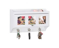 Relaxdays Perchero Pared, Marco Fotos, 3 Ganchos, Recibidor, Infantil, Madera, Metal y Cristal, 25 x 43 x 9 cm, Blanco