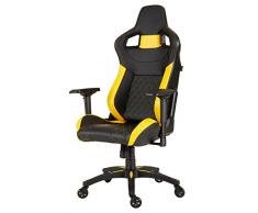 Corsair T1 Race Silla de Oficina, para Videojuegos, Polipiel, fácil de ensamblar, giratoria ergonómica, Altura Ajustable y reposabrazos 4D, Asiento cómodo y reclinable, Negro y Amarillo
