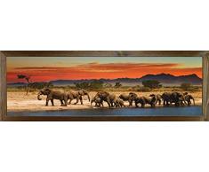 Cuadro en marco, póster moderno de pared artÃstico, varios temas 35 x 100 cm (elefantes al atardecer)