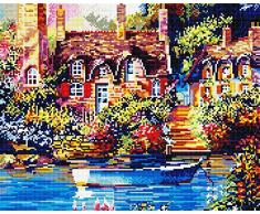 Set Cuadros Diamond Full Coverage con Marco de Madera, 40 x 50, Bordado en Pintura de Diamante, artesanÃ­a Hecha a Mano, Mosaico, Piedras, Flores, Mimbre, casa Junto al Arroyo (GJ432)