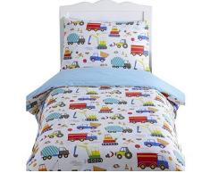 Kidz Club Bright Trucks- juego de funda infantil nórdica y funda de almohada de diseño de excavadora, cemento y camiones, reversible, blanco