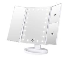 WEILY Espejo Maquillaje, 1x/2X/3X Espejo de Maquillaje de Tres Pliegues con Pantalla TÃ¡ctil Ajustable y 21 Luz LED Espejo Iluminado Tocador Espejos CosmÃ©ticos de Encimera (Blanca)