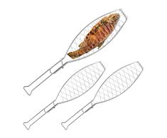 Relaxdays Set 3 Parrillas Pescado, Acero Inoxidable, Mango Goma, 54 cm Largo, Parrillera BBQ, Brasas Espetos, Plateado, 100%
