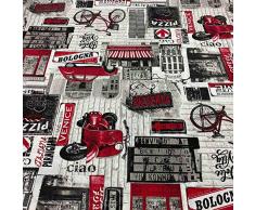 Kt KILOtela - Tela Loneta Estampada, DecoraciÃ³n, Tapizar, Cojines, Cortinas, Colchas, Bolsos, Manteles, 100 cm Largo x 280 cm Ancho, Italia, Vespa, Pizzeria, Dolce Vita, Rojo, Negro - 1 Metro
