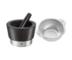 ZWILLING Mortero de especias con mazo, Altura: 10 cm, Ã 11 cm, Granito, Negro & Table Colador de 24 cm, Metal, Color Acero Y Blanco
