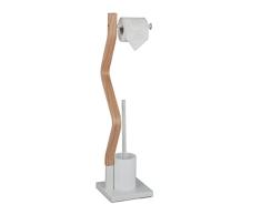 Relaxdays Escobillero Portarrollos de Pie DiseÃ±o Curvo, Accesorio BaÃ±o Acero, 75x18,5x18,5 cm, Blanco/Natural, 50% Tablero de Fibra