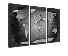 LanaKK mapamundi con corcho para fijar los destinos - Lámina sobre bastidor camilla en negro, enmarcado en tres partes, 120 x 80 cm, español