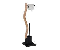 Relaxdays Escobillero Portarrollos de Pie DiseÃ±o Curvo, Accesorio BaÃ±o Acero, 75x18,5x18,5 cm, Negro/Natural, 50% Tablero de Fibra