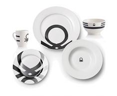 UNITED COLORS OF BENETTON. PK2227 Set 26 Logo en Negro, en Loza: vajilla 18 Piezas (6 Servicios Llano, Hondo y Plato de Postre), 4 Boles de Desayuno, y 4 Tazas Mugs