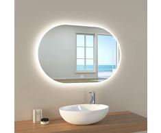 EMKE Espejo de Baño con Luz, 90x60 cm, Espejo Baño LED Redondo con Interruptor tactil +antivaho + Regulable + 3 Colores + Función de Memoria, Espejo Pared Modelo F