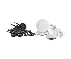 Amazon Basics Vajilla para 4 personas (16 piezas) + Juego de utensilios de cocina antiadherentes, 15 piezas