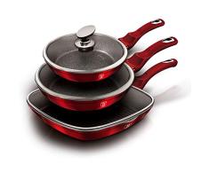 Berlinger Haus Burgundy Juego 2 Sartenes y Grill Inducción 20-24-28cm con Tapas de Vidrio, Aluminio Forjado, Antiadherente Ecológico sin PFOA, Diseño Metallic Rojo, Vitrocerámica, Gas