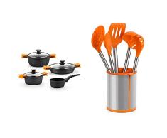 BRA Efficient - BaterÃa 4 piezas, de aluminio fundido con antiadherente + Conjunto De 5 Utensilios De Cocina Y Carrusel, Acero INOX, Nailon y Silicona, Naranja, 14.5 x 15 x 37.5 cm