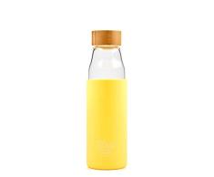 Irisana - Botella de Agua - 500 ml - Amarillo - 7,5 x 7,5 x 24 cm - Borosilicato y Silicona - Garrafa Deportiva Gimnasio - TapÃ³n de BambÃº - ColecciÃ³n Bbo
