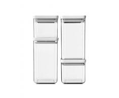 Brabantia Tasty + Set de 4 botes apilables cuadrados de plástico transparente, 2 x 0.7 l, 2 x 1.6 l, tapa light grey