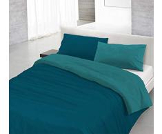 Italian Bed Linen Natural Color y Funda de Almohada, Verde Petroleo/Verde Botella, Doble pequeño