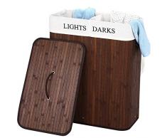 bakaji Cesta Ropa Sucia de Doble Compartimento para la Ropa Sucia casa 2 Espacios Ropa Clara y Oscura de Madera de BambÃº y Tejido Recipiente de Plegable para Ahorrar Espacio con Tapa y Asas Capacidad