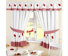 Bordado de flores amapolas cortina de cortinas plisadas de cocina GalerÃa de cuadros, rojo/blanco, 345 x 25 cm