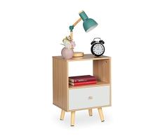 Relaxdays Mesita de Noche, Cajón Abierto, Mesilla Dormitorio, MDF y Efecto Madera, 54 x 40 x 30cm, Blanca/Marrón Natural, 80% Tablero de Fibra 20%, 1 Pieza