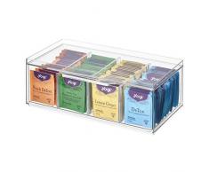 iDesign Fresco té, organizadora de plástico con 4 Compartimentos Ajustables y cajón, Caja de almacenaje con Tapa apilable, Transparente, 12.59 x 6.23 x 4.57
