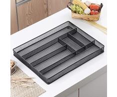 Velaze Cesta de cubiertos de acero inoxidable para cajones de cocina, con 6 compartimentos, organizador de cocina grande, extensible, negro, 48 x 37 x 5 cm