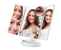 PORTENTUM Espejo de Maquillaje con luz, 21 Luces LED, Pantalla Táctil Tri-Fold, 1X y Triple Aumento 2X 3X 10X, Rotación 180° Ideal para Mesa o tocador