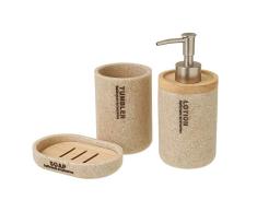 LOLAhome Juego de dispensador, jabonera y Vaso portacepillos de Resina y Madera Beige