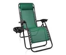 Todeco Relajante Textileno JardÃn, Silla Plegable de Gravedad Cero, 165 x 112 x 65 cm, Verde, Textilene, with Cup Holder, con Almohada, Carga máxima: 100 kg, Material: Acero