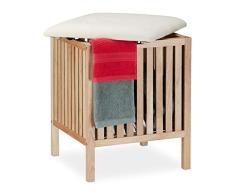 Relaxdays Cesto para la Ropa Sucia con Asiento, Taburete de baÃ±o con Espacio de Almacenamiento, 40 l, Madera y Tela, 51 x 41 x 41 cm, Color Natural/Blanco