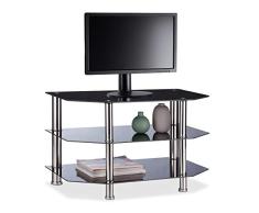 Relaxdays Mueble TV 3 Repisas de Cristal Templado, Vidrio y Acero Inoxidable, 49 x 80 x 45 cm, Negro y Plateado
