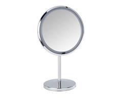 WENKO Espejo de pie para la cosmÃ©tica con luz LED, Onno - Espejo de maquillaje con iluminaciÃ³n, superficie de espejo Ã¸ 16.5 cm, Acero, 20 x 34 x 13.5 cm, Cromo