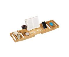 Relaxdays Bandeja Bañera Extensible con Soporte para Copas de Vino, Libros y Jabón, Bambú, Marrón, 75-109 cm