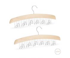 Relaxdays Pack de 2 Organizador Cinturones con 12 Ganchos, Madera de Loto y Metal, Marrón/Plateado, 2 Unidades
