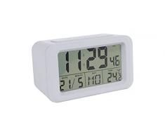 Fisura â Reloj despertador digital blanco Led. Reloj indicador de fecha y temperatura. 2 alarmas. Botón Snooze. 2 Pilas AAA.Goma ABS.Medidas :12x5,5x7