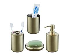 Relaxdays Set de baño de 4 Piezas, dispensador de jabón, jabonera, Vaso para cepillos de Dientes, Soporte para cepillos de Dientes, Acero Inoxidable, Color Dorado