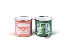 Brisa VW Collection - Volkswagen Furgoneta Hippie Bus T1 Van Set de 2 Tazas de CafÃ© Esmaltadas en Caja de Regalo, Copas de TÃ©, DecoraciÃ³n de la Mesa/Outdoor/Camping/Souvenir (Verde/Rosa)