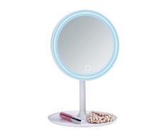 WENKO Espejo LED de pie para cosmÃ©tica Turro - Espejo para cosmÃ©tica, espejo iluminado, superficie de espejo: 16.5 x 16.5 cm superficie de espejo Ã¸ 18 cm, PlÃ¡stico, 18 x 28 x 18 cm, Blanco