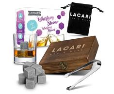Juego de piedras para whisky | Cubiteras para hielo reutilizables 9pc | Lacari ORIGINAL Set de regalo con caja de madera, pinzas y bolsa de tela | Juego de Piedras de Whisky de Bourbon