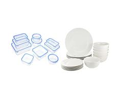 Amazon Basics - Vajilla para 6 personas (18 piezas) + Recipientes de cristal para alimentos, con cierre 20 piezas (10 envases + 10 tapas), sin BPA