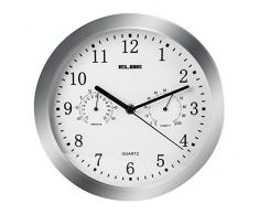 Elbe RP-3005-9 Reloj de pared con termÃ³metro e higrÃ³metro, mide temperatura y humedad, 25 cm diÃ¡metro, panel blanco marco plata, funciona con pilas, color plata