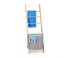 Relaxdays Toallero Escalera con Cesto para Colada, bambú, Beige-Gris, 33 x 43.5 x 139 cm
