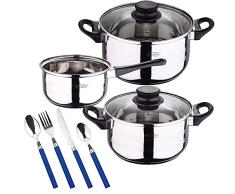 Renberg Bateria de cocina 5 piezas San Ignacio de acero inoxidable con cuberteria de 24 piezas en acero inoxidable en color azul, PK3198
