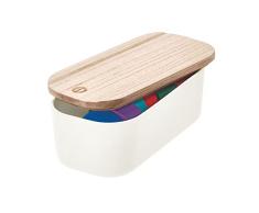 iDesign Caja organizadora para cajones, cesta organizadora para estanterÃ­as, compacta y de plÃ¡stico reciclado sin BPA, caja con tapa de madera de paulownia, blanco