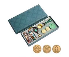 Juego de Sellos de Lacre, Kit 3 sellos, 2 Botes de cera de tonos dorado, cobre, azul, Mango , Cucharra de Acero inoxidable para derretir, Rotulador Dorado y Vela. Caja Vintage para regalo.